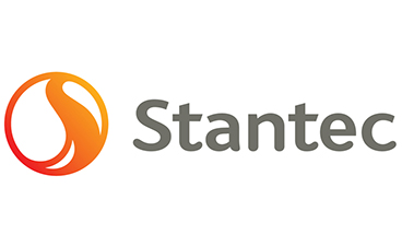 Stantec logo, with an orage sphere with a line curving through it