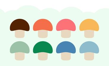 Graphic of eight multi-colored mushrooms