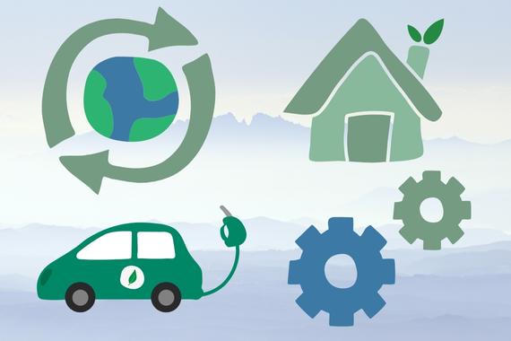 A cloud image with an earth, house, biofuel car, and gears icons over it. 