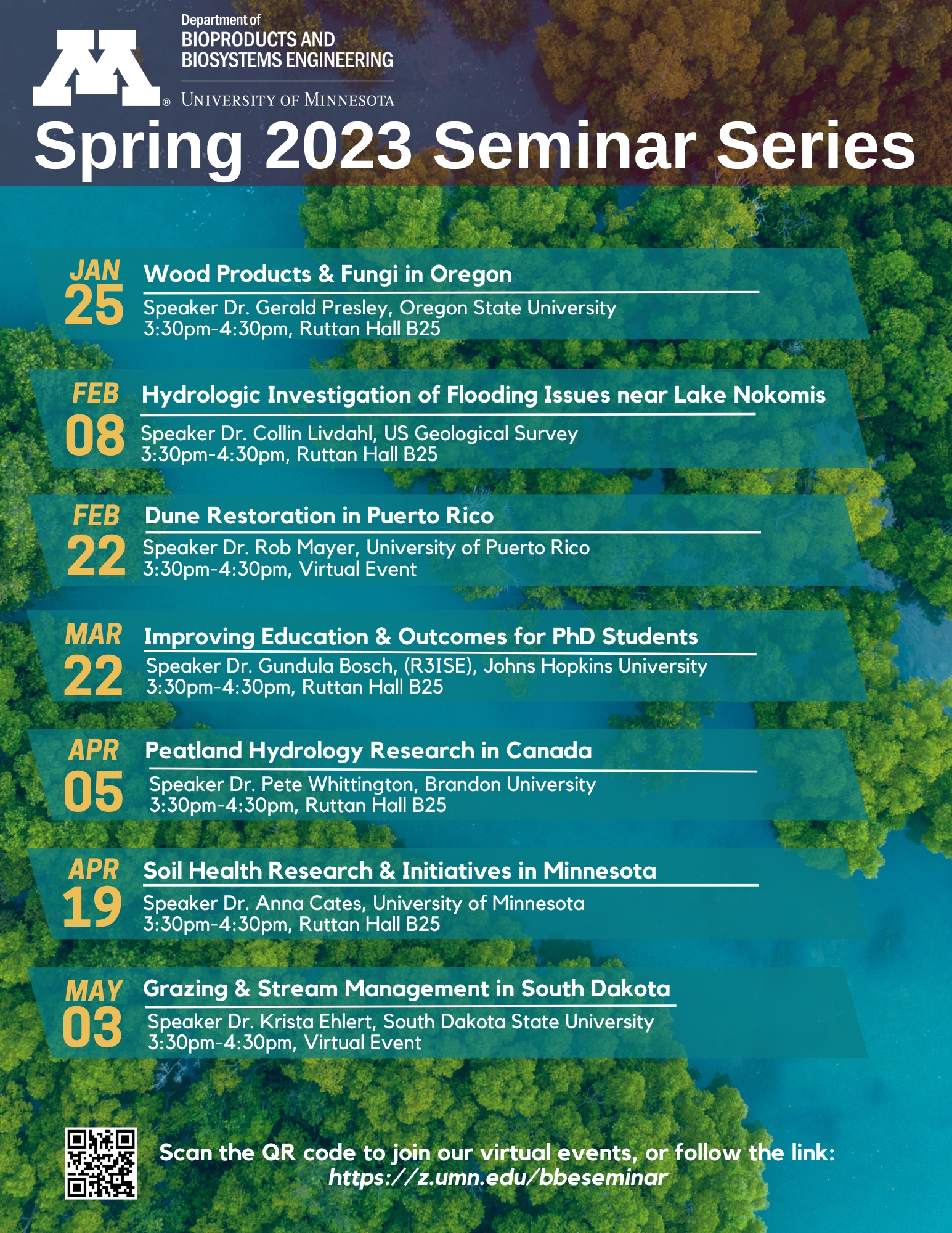 A flyer with the full spring schedule for seminar speakers overlaid on an aerial view of a river.