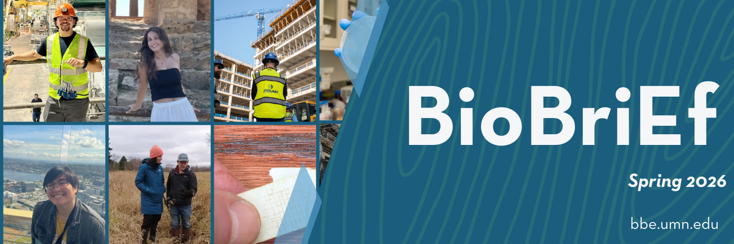 A blue banner with the text "Biobrief Spring 2026",along with a collage of photos related to featured news stories.