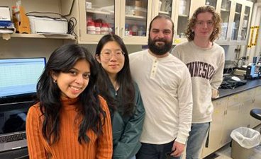 L to R: Undergraduate research assistants Tiffany Cardoza, Brenda Zhao, Mario Tuccitto, and Jacob Votava stand in Severtson lab and pose for a photo.