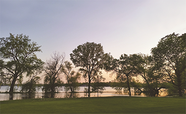 Lake Nokomis in the spring time with high water levels at dusk.