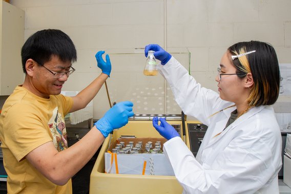 Assistant Professor Jiwei Zhang is on the left and a researcher is on the right, both examining a vial. 