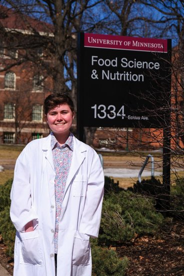 Fourth-year student Maddi Johnson poses for a portrait in front of the University’s Food Science and Nutrition Building on Monday, March 18. Johnson is currently helping research the structure of plant proteins to determine if they can function as an ingredient in food products.