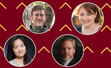 A photo compilation of four faculty members who received promotions, with a maroon background with gold arrows pointing up.