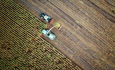 An aerial photo of a tractor harvesting corn.